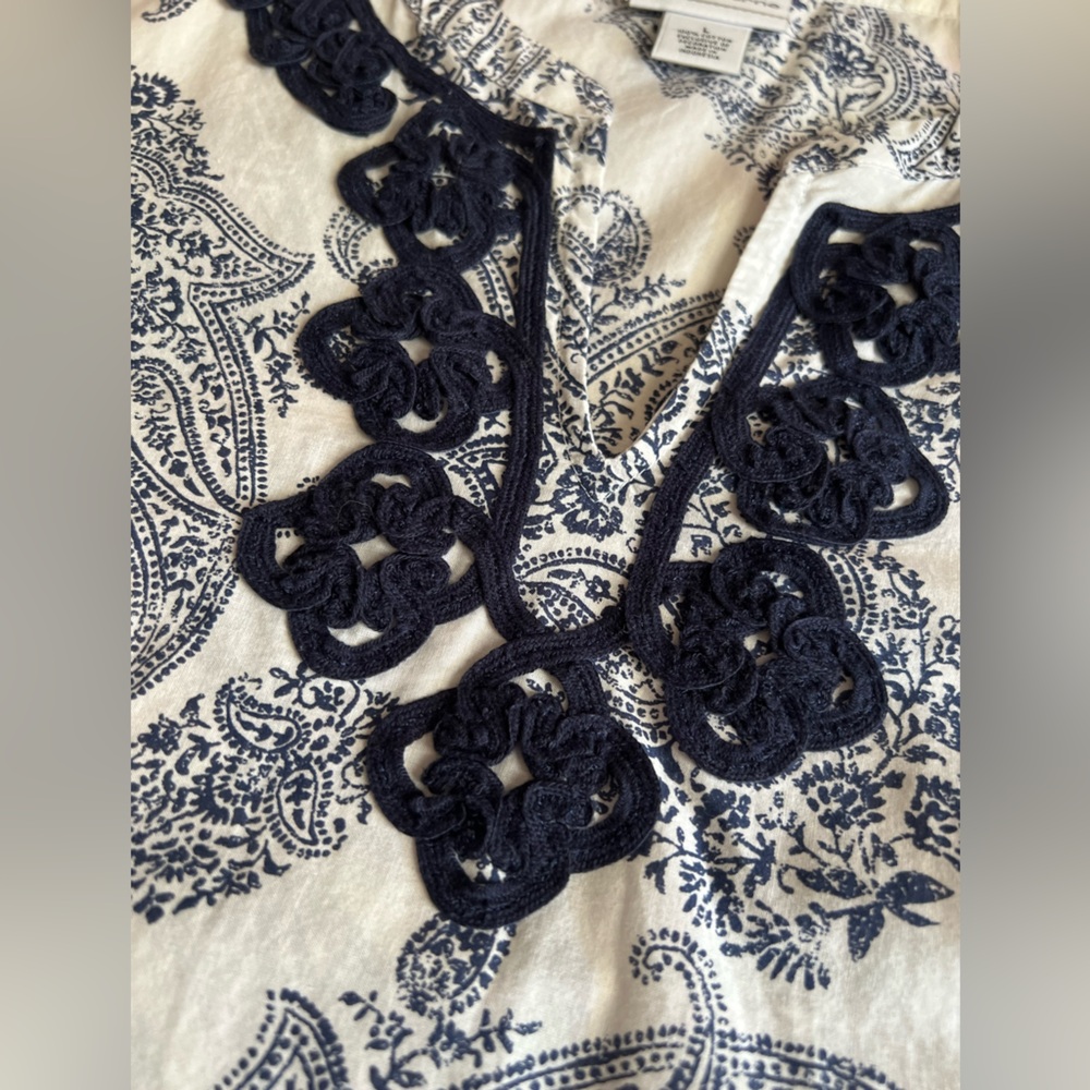 Liz Claiborne Navy and White Paisley Tunic Embroidery 3/4 Sleeves 100% Cotton LG - Picture 7 of 11